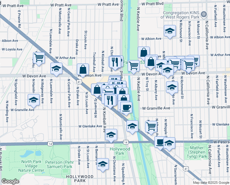 map of restaurants, bars, coffee shops, grocery stores, and more near 6257 North McCormick Boulevard in Chicago