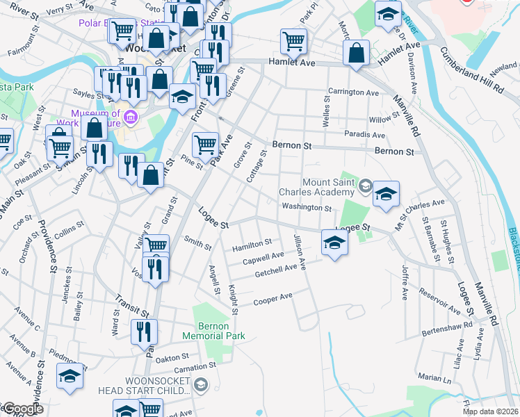 map of restaurants, bars, coffee shops, grocery stores, and more near 50 Cleveland Street in Woonsocket