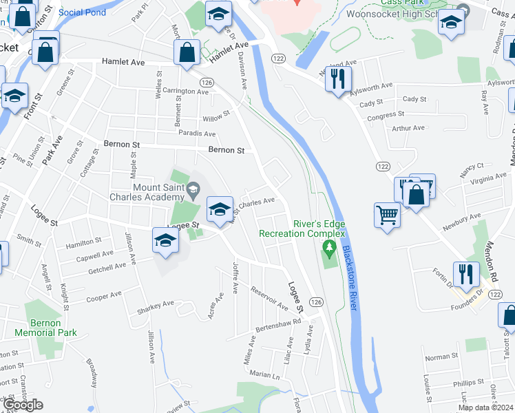 map of restaurants, bars, coffee shops, grocery stores, and more near 56 Mount Saint Charles Avenue in Woonsocket