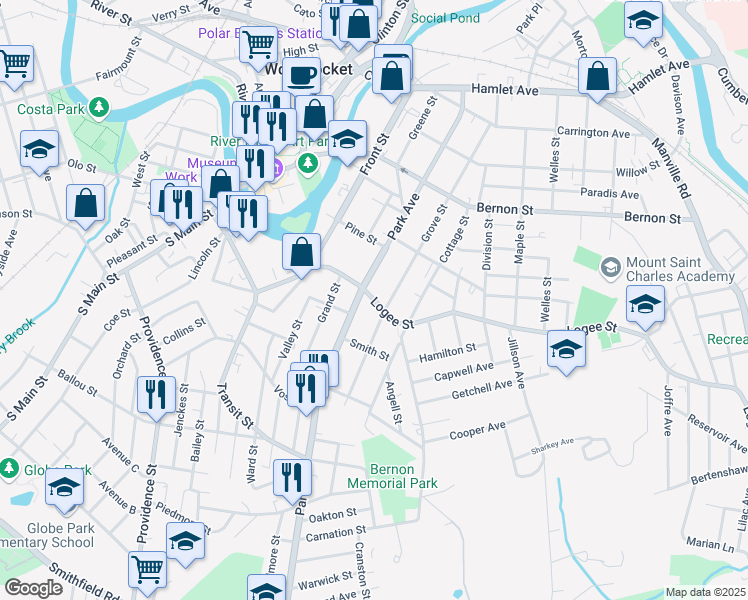 map of restaurants, bars, coffee shops, grocery stores, and more near 546 Park Avenue in Woonsocket