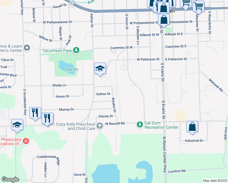 map of restaurants, bars, coffee shops, grocery stores, and more near 700 Waskin Drive in Tecumseh