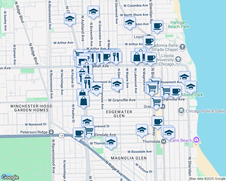 map of restaurants, bars, coffee shops, grocery stores, and more near 1414 West Thome Avenue in Chicago