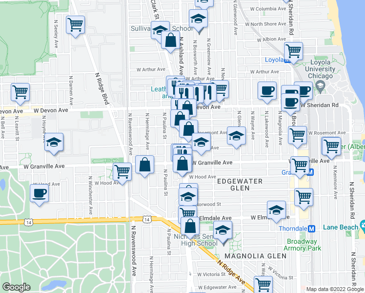 map of restaurants, bars, coffee shops, grocery stores, and more near 6248 North Clark Street in Chicago