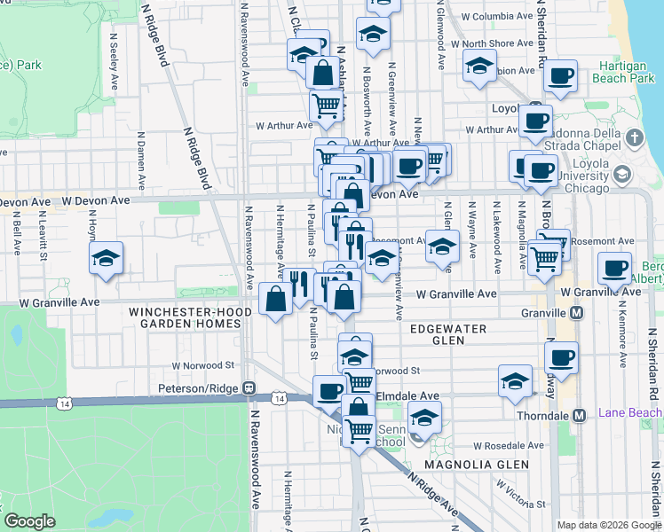 map of restaurants, bars, coffee shops, grocery stores, and more near 6248 North Clark Street in Chicago