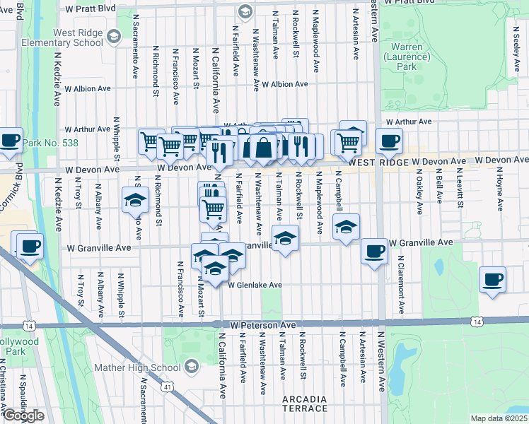 map of restaurants, bars, coffee shops, grocery stores, and more near 6250 North Washtenaw Avenue in Chicago