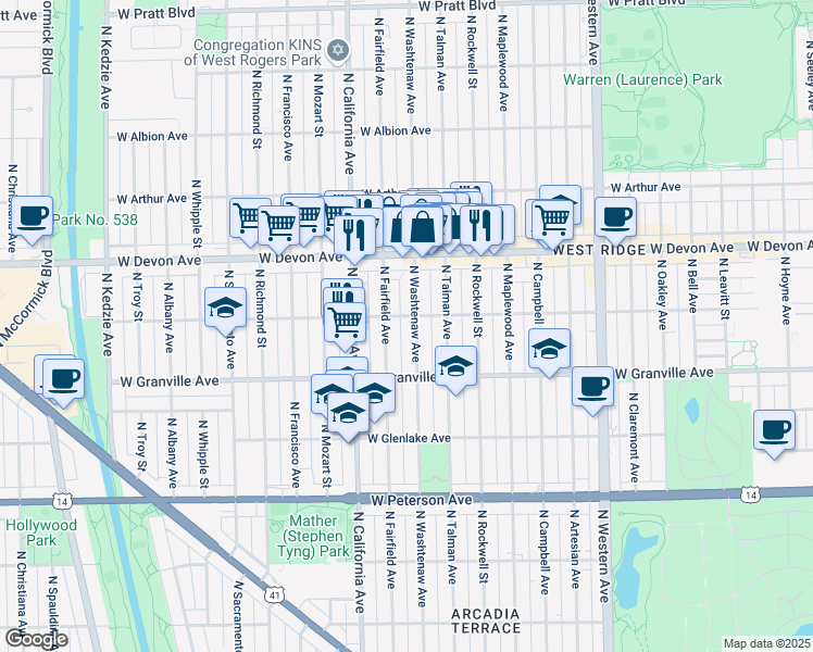 map of restaurants, bars, coffee shops, grocery stores, and more near 6250 North Washtenaw Avenue in Chicago