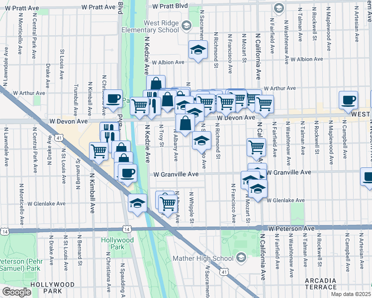 map of restaurants, bars, coffee shops, grocery stores, and more near 6253 North Albany Avenue in Chicago