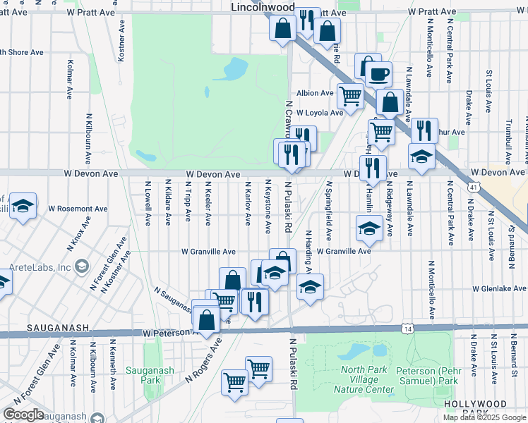 map of restaurants, bars, coffee shops, grocery stores, and more near 4040 West Rosemont Avenue in Chicago