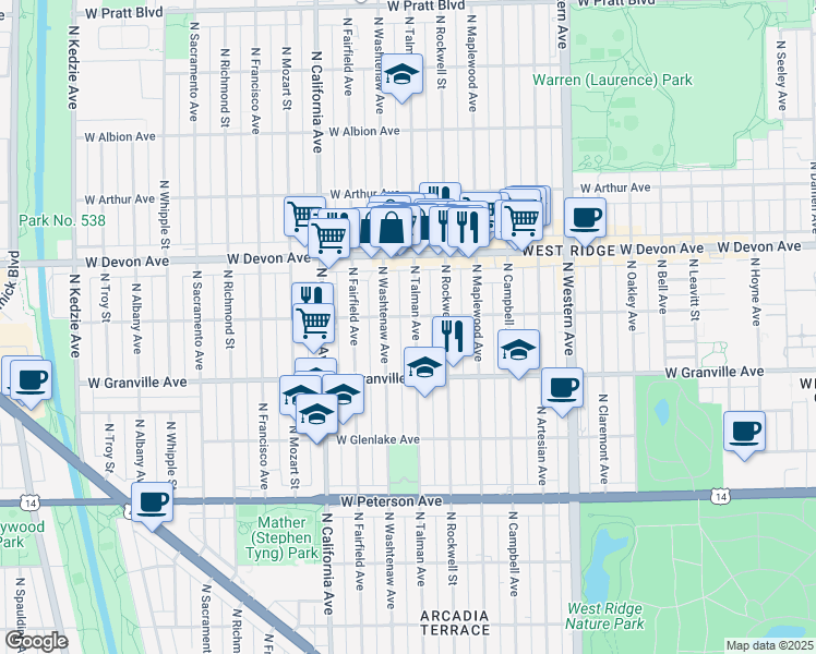 map of restaurants, bars, coffee shops, grocery stores, and more near 6250 North Talman Avenue in Chicago