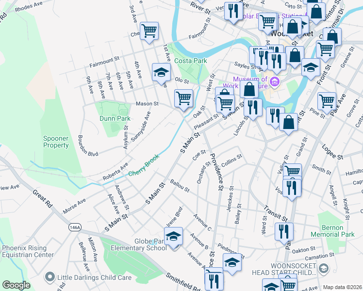 map of restaurants, bars, coffee shops, grocery stores, and more near 409 South Main Street in Woonsocket