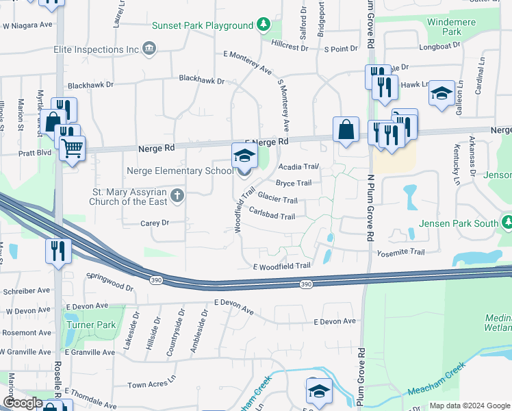 map of restaurants, bars, coffee shops, grocery stores, and more near 502 Carlsbad Trail in Roselle