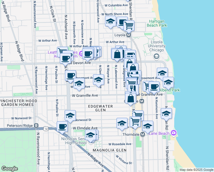 map of restaurants, bars, coffee shops, grocery stores, and more near 6234 North Wayne Avenue in Chicago