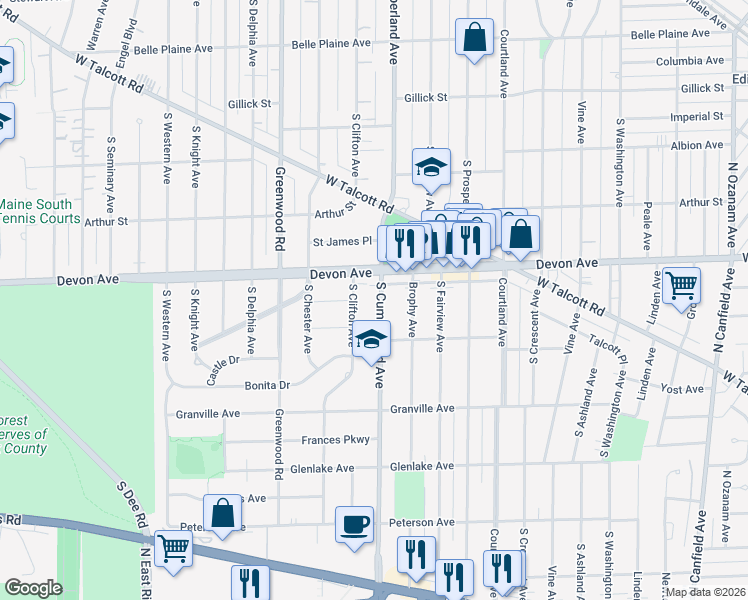 map of restaurants, bars, coffee shops, grocery stores, and more near 1222 South Cumberland Avenue in Park Ridge