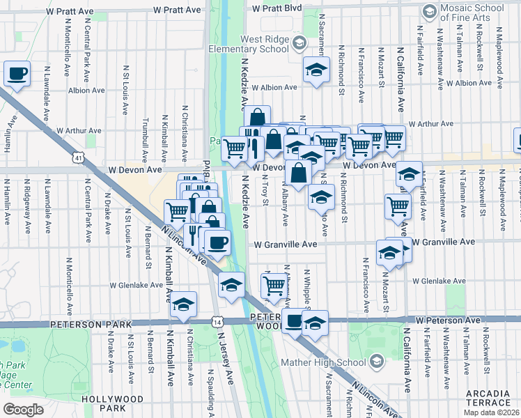map of restaurants, bars, coffee shops, grocery stores, and more near 6256 North Troy Street in Chicago