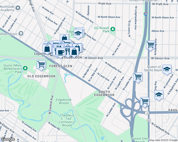 map of restaurants, bars, coffee shops, grocery stores, and more near 6251 North Navajo Avenue in Chicago