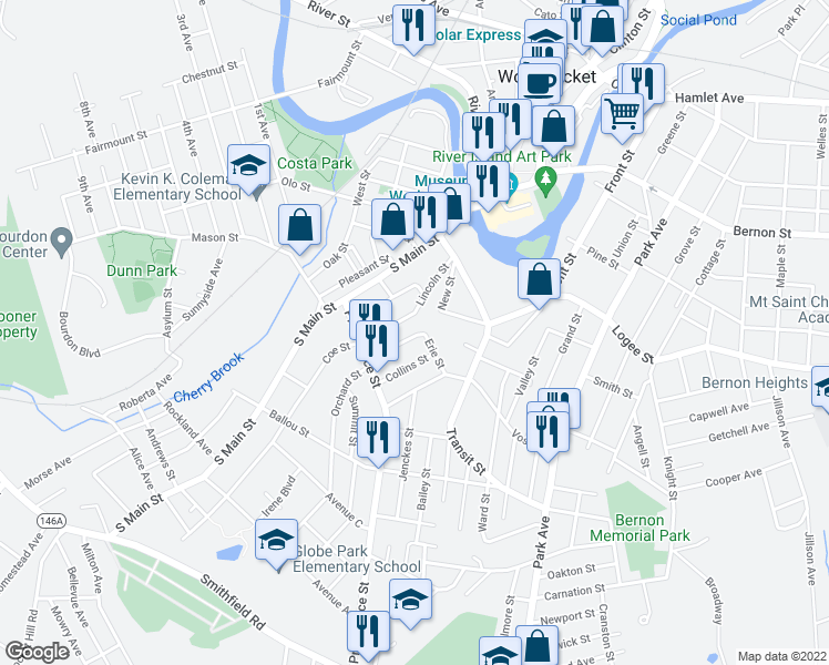 map of restaurants, bars, coffee shops, grocery stores, and more near 108 East Orchard Street in Woonsocket