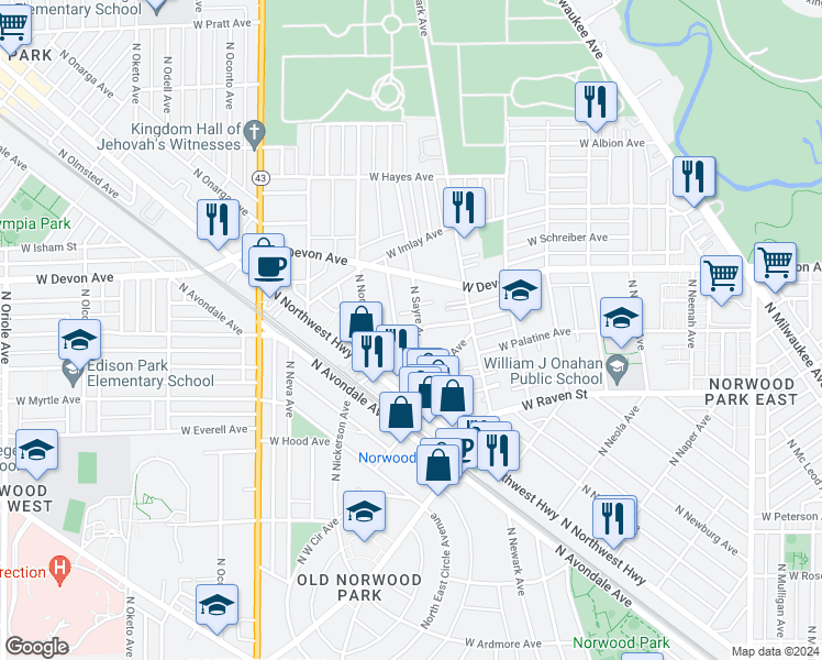 map of restaurants, bars, coffee shops, grocery stores, and more near 6246 North Sayre Avenue in Chicago