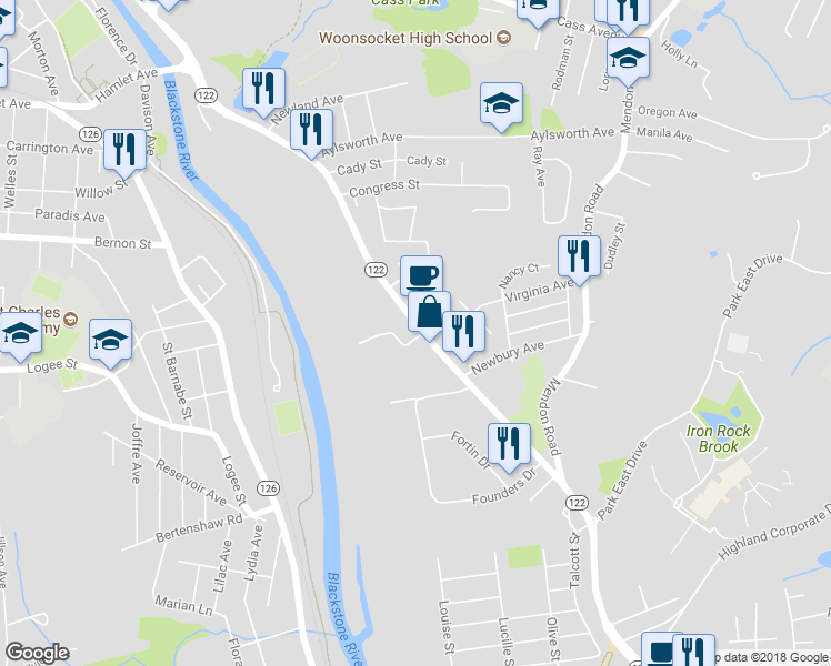 map of restaurants, bars, coffee shops, grocery stores, and more near 785 Cumberland Hill Road in Woonsocket