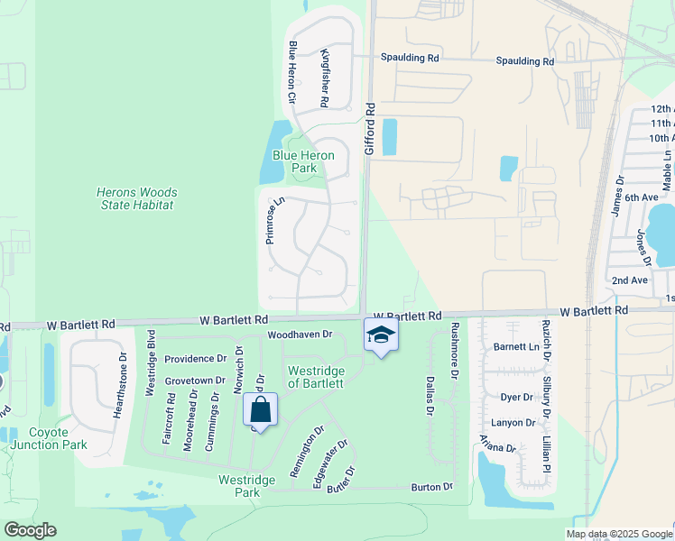 map of restaurants, bars, coffee shops, grocery stores, and more near 1965 Osprey Court in Bartlett