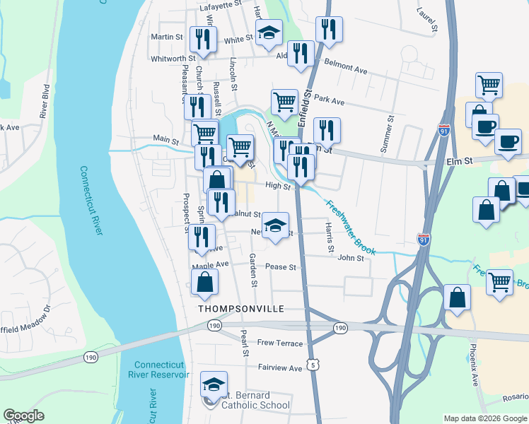 map of restaurants, bars, coffee shops, grocery stores, and more near 41 Walnut Street in Enfield