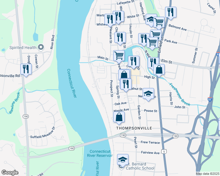 map of restaurants, bars, coffee shops, grocery stores, and more near 58 Prospect Street in Enfield