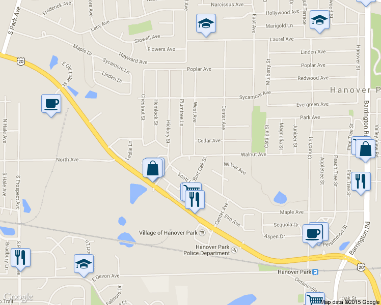 map of restaurants, bars, coffee shops, grocery stores, and more near 2200 Walnut Avenue in Hanover Park