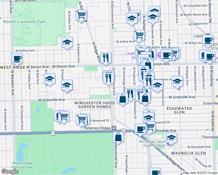 map of restaurants, bars, coffee shops, grocery stores, and more near 1999 West Thome Avenue in Chicago