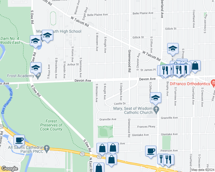 map of restaurants, bars, coffee shops, grocery stores, and more near 1219 South Knight Avenue in Park Ridge