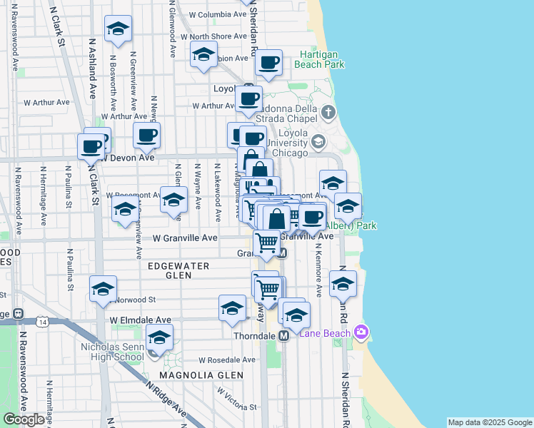 map of restaurants, bars, coffee shops, grocery stores, and more near 6231 North Broadway in Chicago