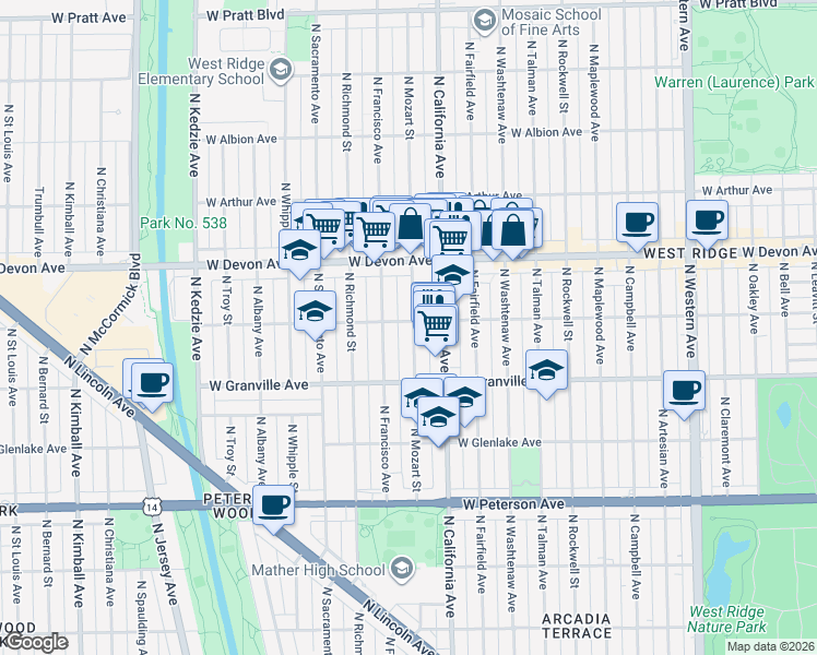 map of restaurants, bars, coffee shops, grocery stores, and more near 2839 West Rosemont Avenue in Chicago