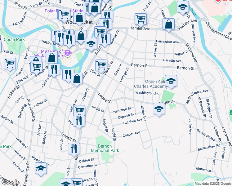 map of restaurants, bars, coffee shops, grocery stores, and more near 232 Cottage Street in Woonsocket