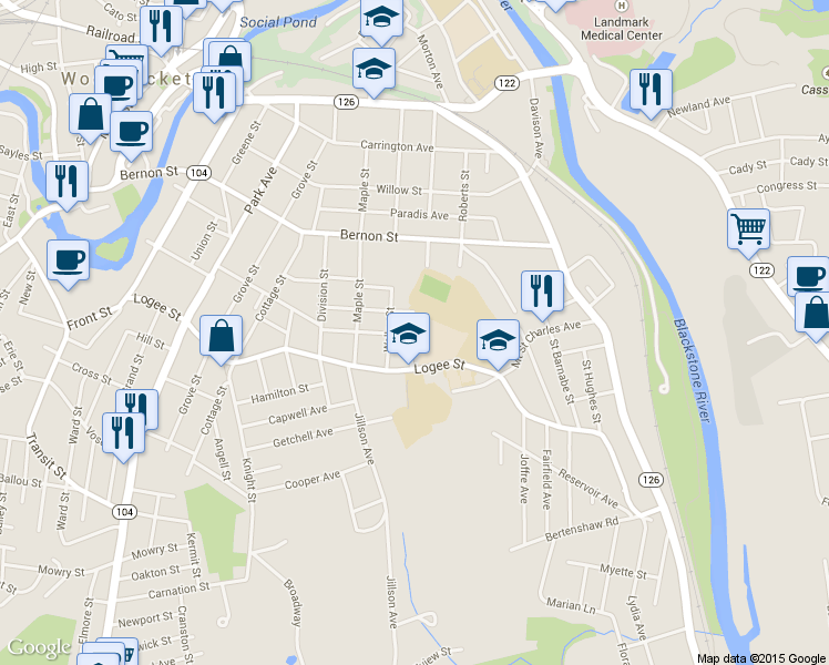 map of restaurants, bars, coffee shops, grocery stores, and more near 200 Washington Street in Woonsocket
