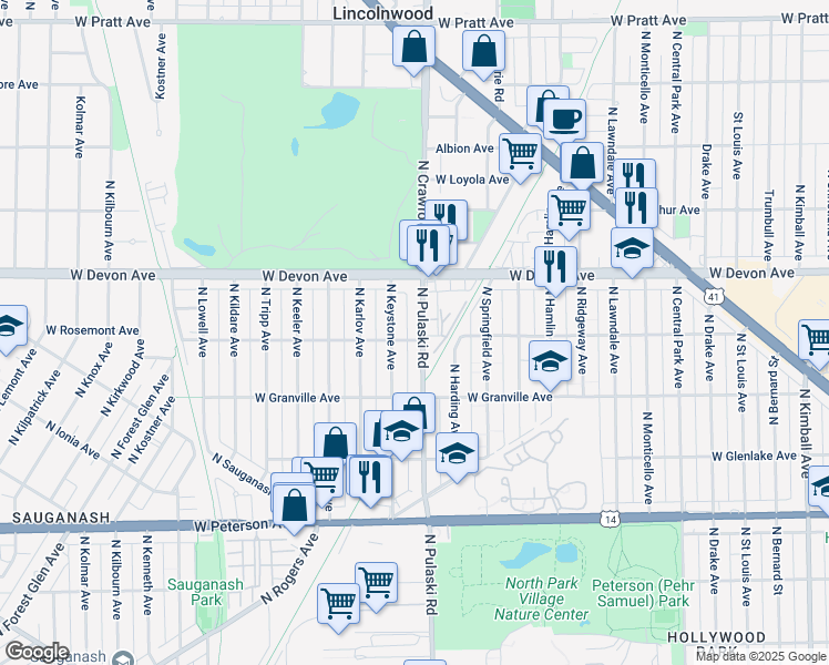 map of restaurants, bars, coffee shops, grocery stores, and more near 6300 N Pulaski Rd in Chicago
