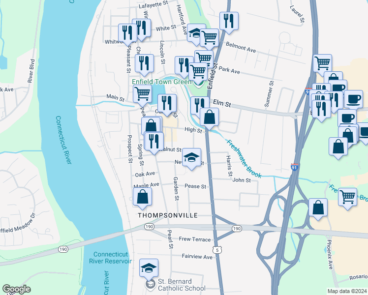 map of restaurants, bars, coffee shops, grocery stores, and more near 55 Walnut Street in Enfield