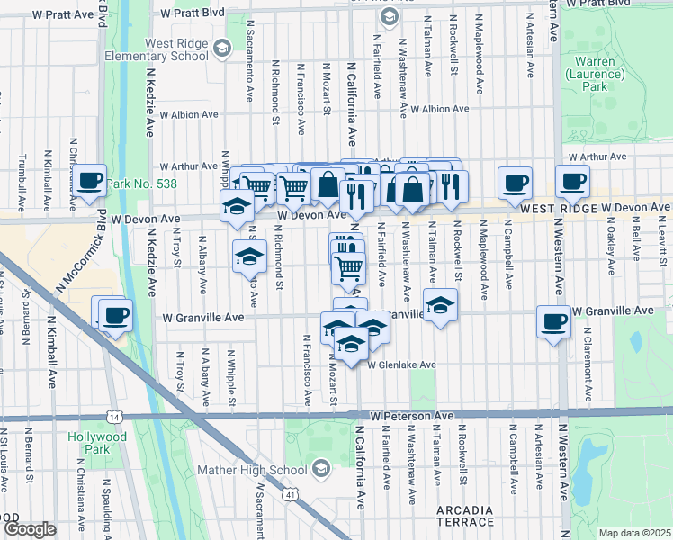 map of restaurants, bars, coffee shops, grocery stores, and more near 6257 North Mozart Street in Chicago