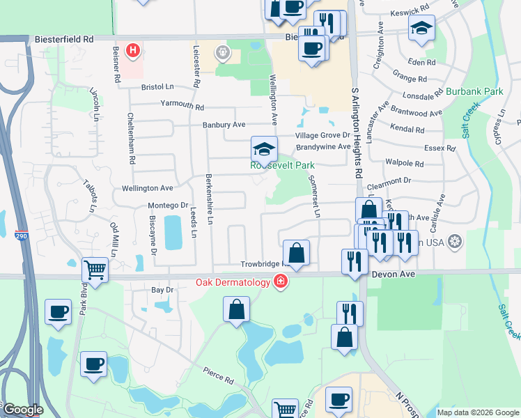 map of restaurants, bars, coffee shops, grocery stores, and more near 248 Parkchester Road in Elk Grove Village