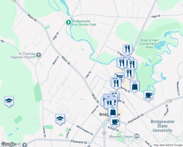 map of restaurants, bars, coffee shops, grocery stores, and more near 43 Oak Street in Bridgewater