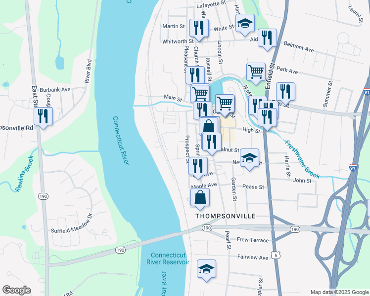 map of restaurants, bars, coffee shops, grocery stores, and more near 58 Prospect Street in Enfield