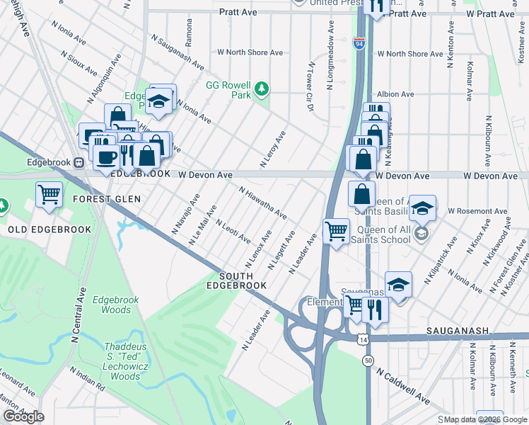 map of restaurants, bars, coffee shops, grocery stores, and more near 6293 North Leona Avenue in Chicago