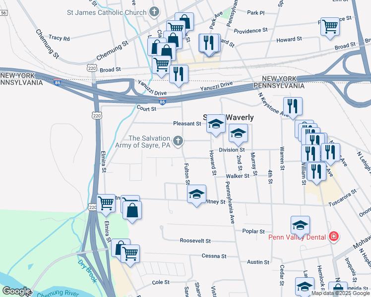 map of restaurants, bars, coffee shops, grocery stores, and more near 346 Fulton Street in Sayre