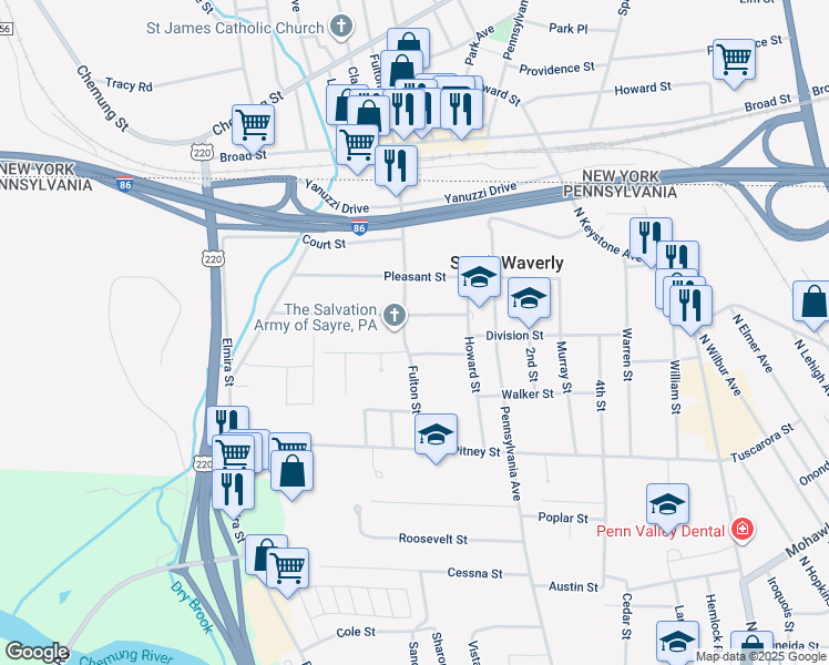 map of restaurants, bars, coffee shops, grocery stores, and more near 346 Fulton Street in Sayre