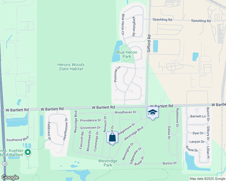 map of restaurants, bars, coffee shops, grocery stores, and more near 148 Primrose Lane in Bartlett