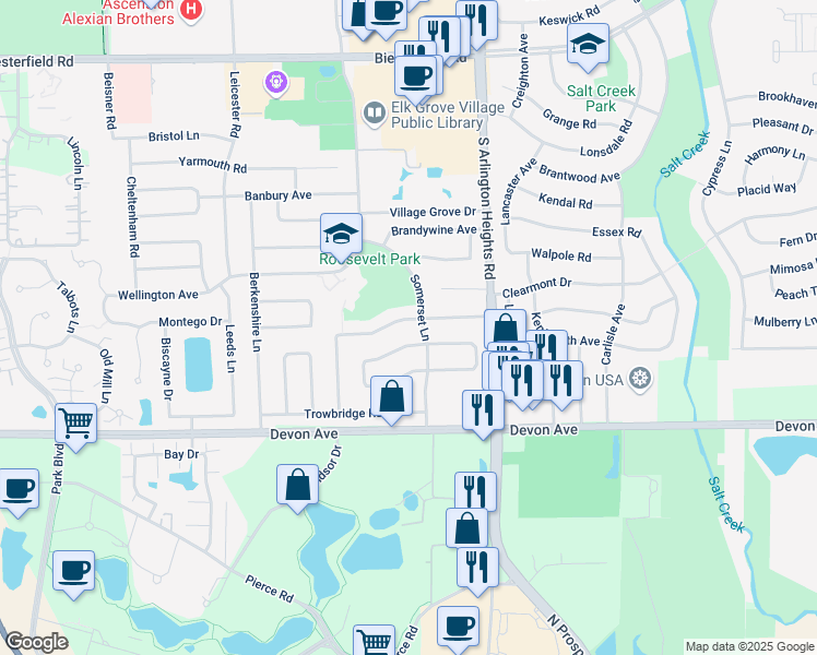 map of restaurants, bars, coffee shops, grocery stores, and more near 205 Parkchester Road in Elk Grove Village