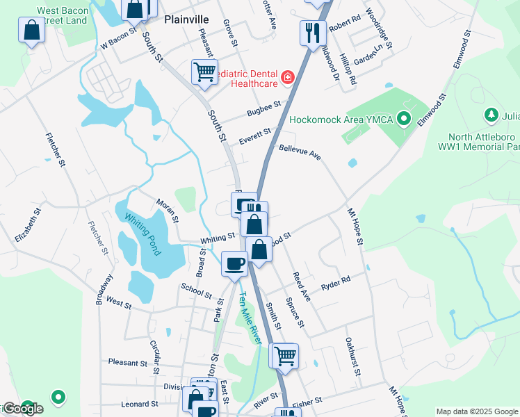 map of restaurants, bars, coffee shops, grocery stores, and more near 437 North Washington Street in North Attleborough