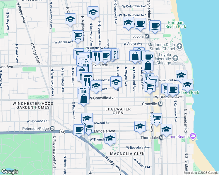 map of restaurants, bars, coffee shops, grocery stores, and more near 1414 West Thome Avenue in Chicago