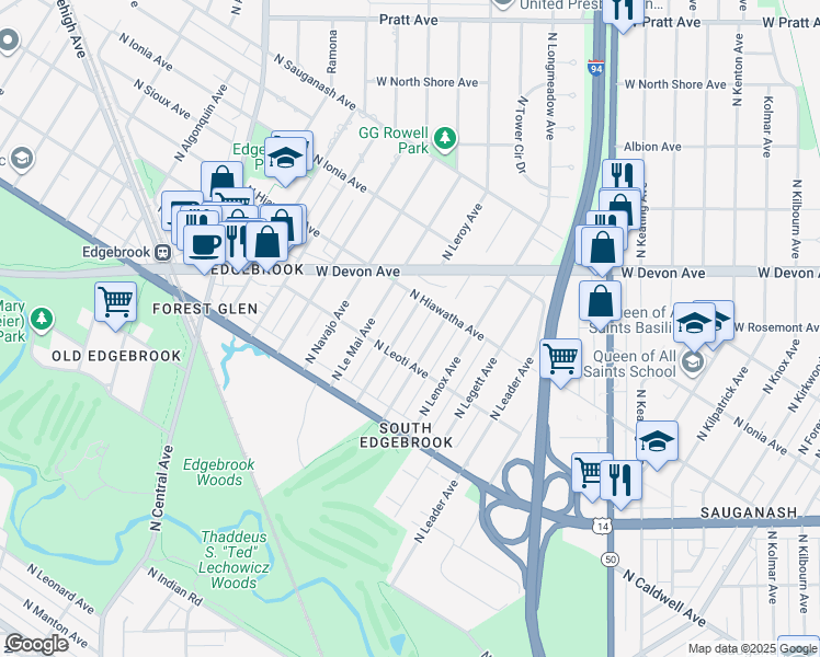 map of restaurants, bars, coffee shops, grocery stores, and more near 6329 North Leroy Avenue in Chicago