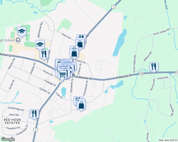 map of restaurants, bars, coffee shops, grocery stores, and more near 36 Cherry Street in Red Hook