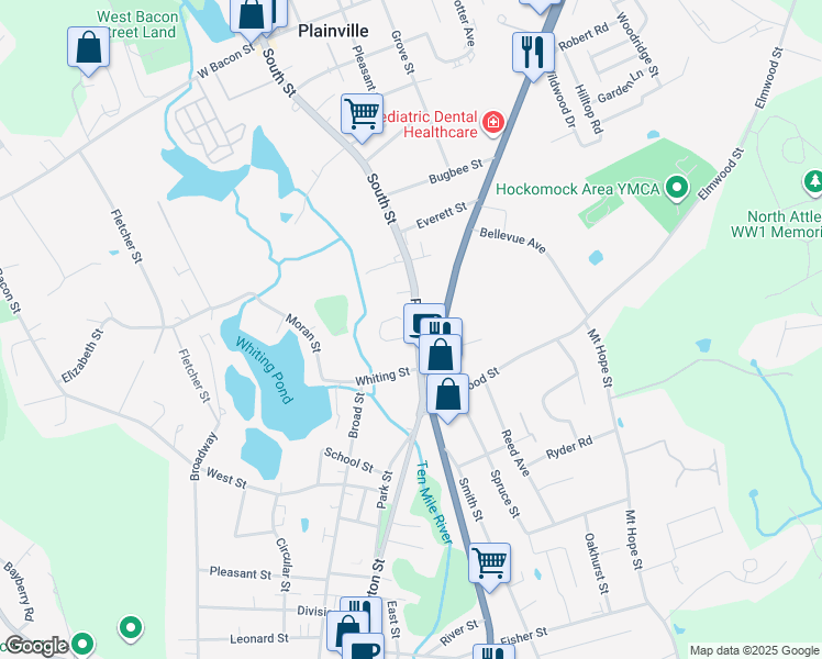 map of restaurants, bars, coffee shops, grocery stores, and more near 179a Park Street in North Attleborough