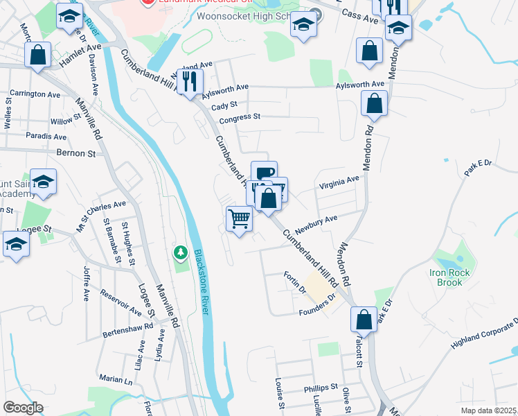 map of restaurants, bars, coffee shops, grocery stores, and more near 785 Cumberland Hill Road in Woonsocket