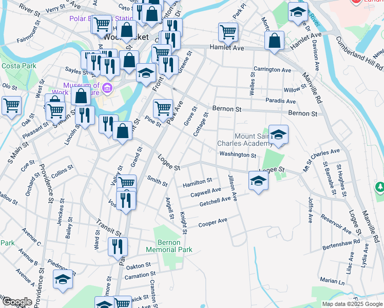 map of restaurants, bars, coffee shops, grocery stores, and more near 232 Cottage Street in Woonsocket